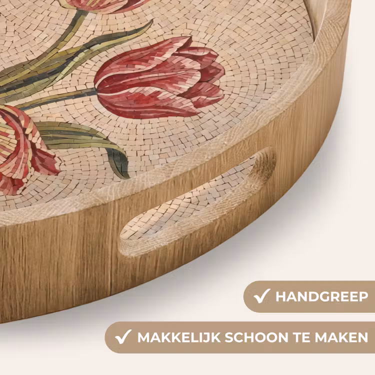 Bloemen - Mozaïek - Rood - Groen - Kunst Dienblad Rond middel -USP_HandgreepNL