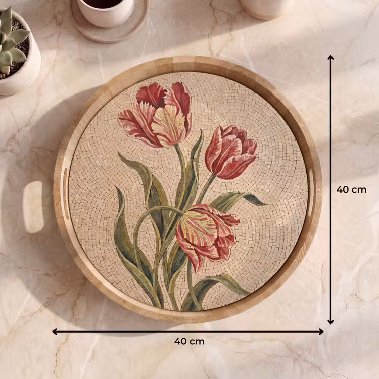 Bloemen - Mozaïek - Rood - Groen - Kunst Dienblad Rond middel -USP_Formaat
