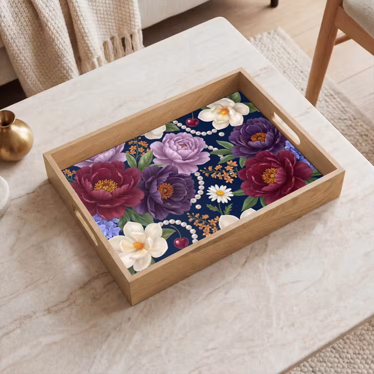 Bloemen - Parels - Decoratie - Modern - Blauw Dienblad Rechthoek middel -sfeer1