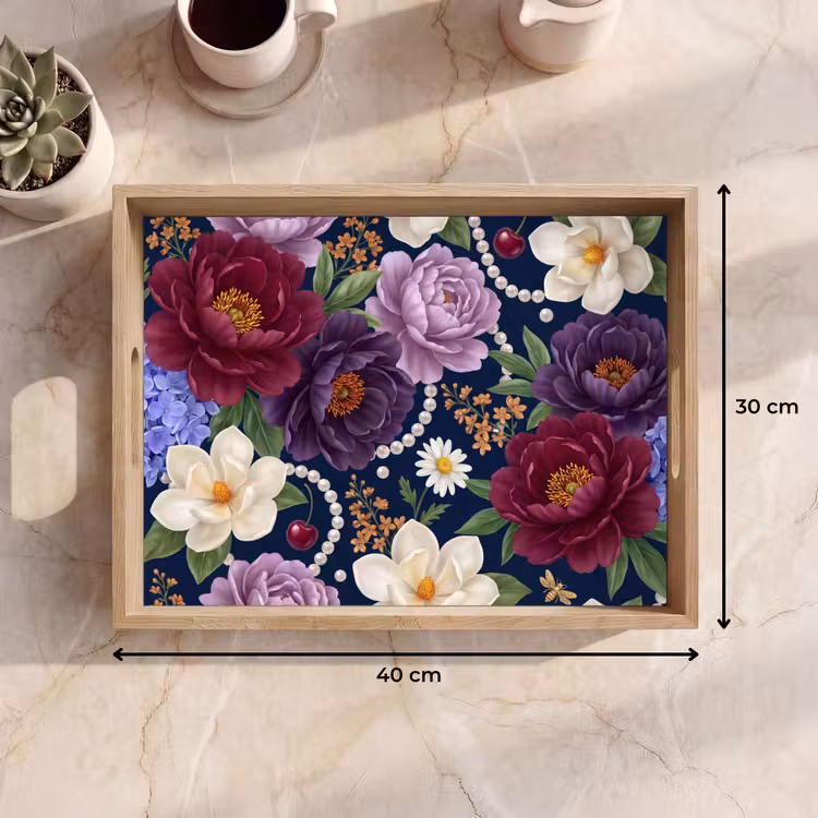 Bloemen - Parels - Decoratie - Modern - Blauw Dienblad Rechthoek middel -USP_Formaat