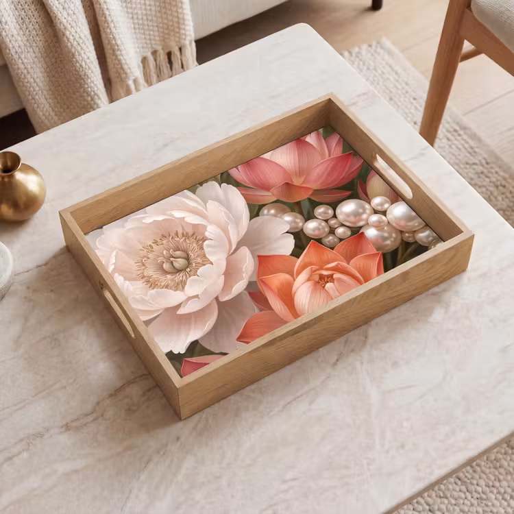 Bloemen - Parels - Elegant - Roze - Wit Dienblad Rechthoek middel -sfeer1
