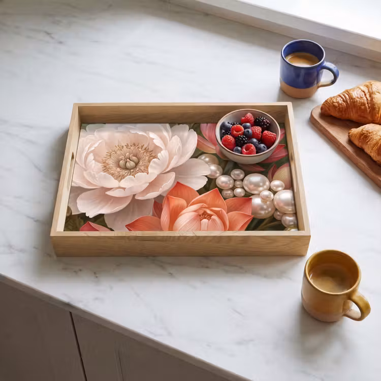 Bloemen - Parels - Elegant - Roze - Wit Dienblad Rechthoek middel -sfeer2