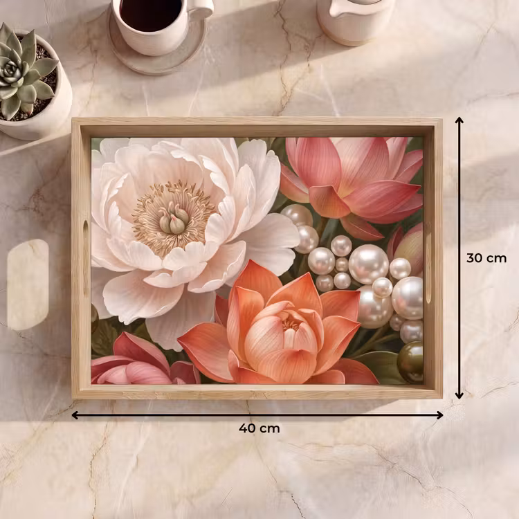 Bloemen - Parels - Elegant - Roze - Wit Dienblad Rechthoek middel -USP_Formaat