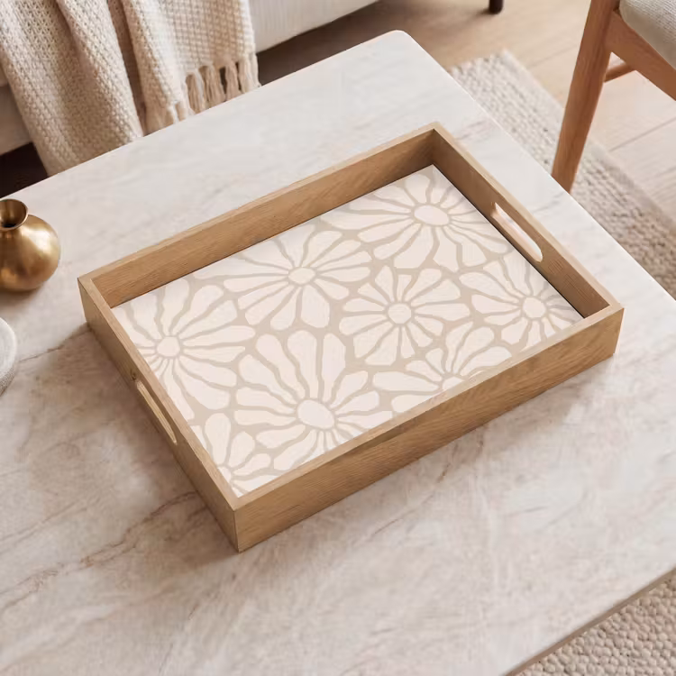 Bloemen - Print - Beige - Bruin - Minimalistisch Dienblad Rechthoek middel -sfeer1