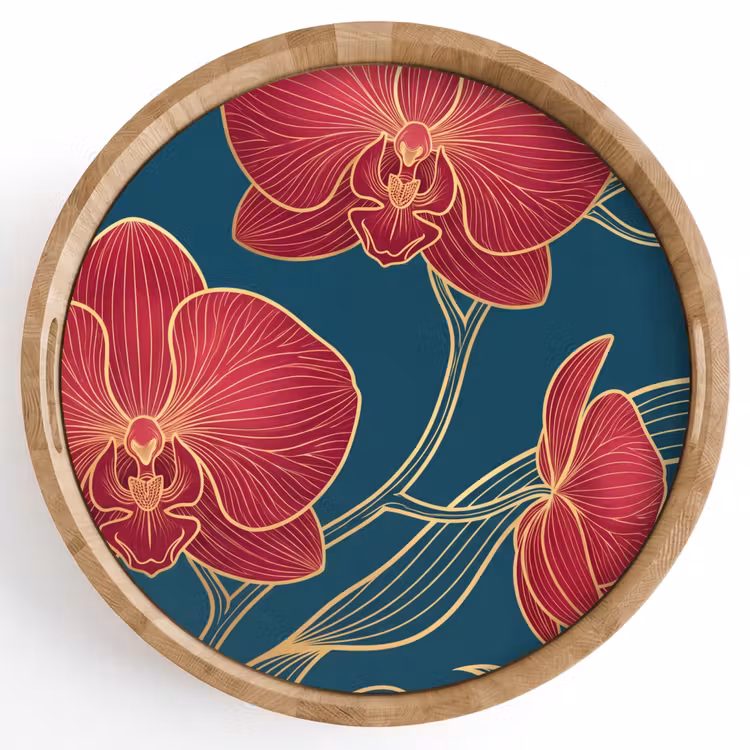 Dienblad - Bloemen - Rood - Goud - Bloemen - Rood - Goud Dienblad Rond middel