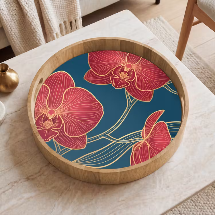 Dienblad - Bloemen - Rood - Goud - Bloemen - Rood - Goud Dienblad Rond middel