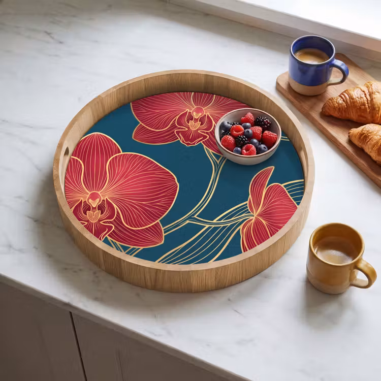 Dienblad - Bloemen - Rood - Goud - Bloemen - Rood - Goud Dienblad Rond middel