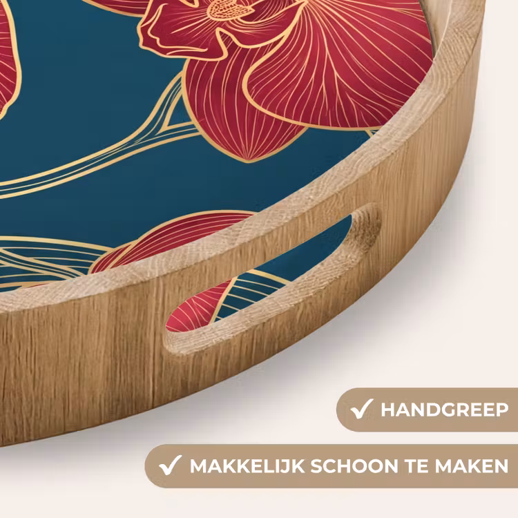 Dienblad - Bloemen - Rood - Goud - Bloemen - Rood - Goud Dienblad Rond middel