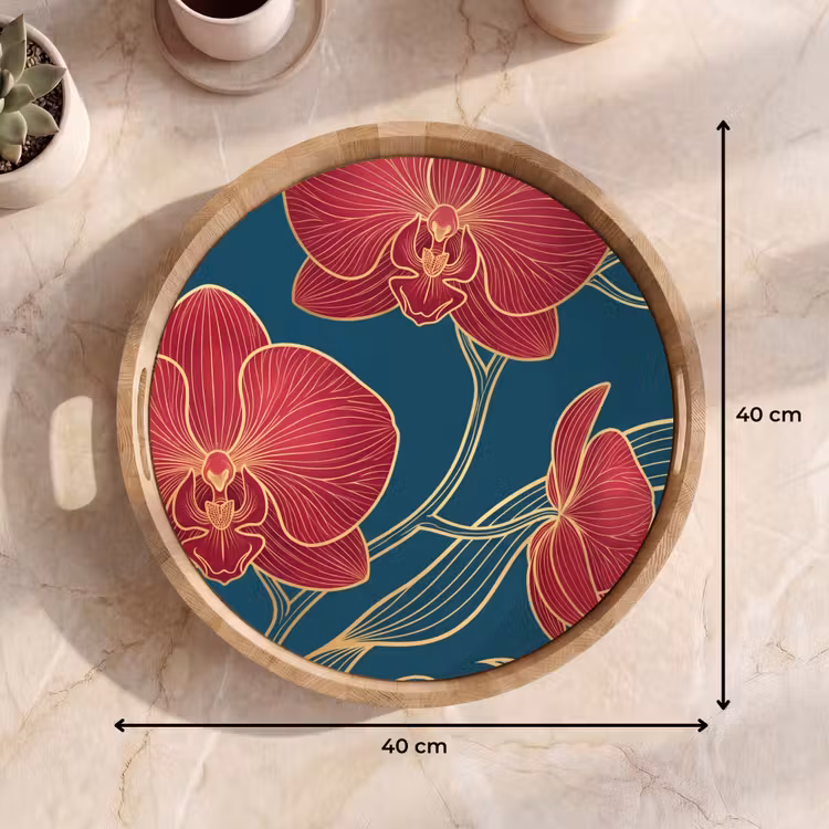 Dienblad - Bloemen - Rood - Goud - Bloemen - Rood - Goud Dienblad Rond middel