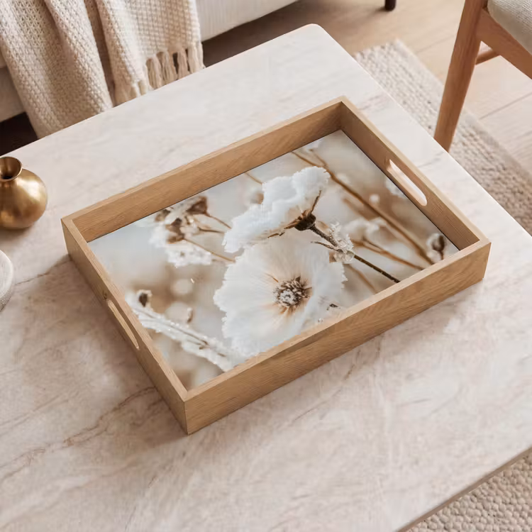 Bloemen - Winter - Wit - Sneeuw - Beige Dienblad Rechthoek middel -sfeer1