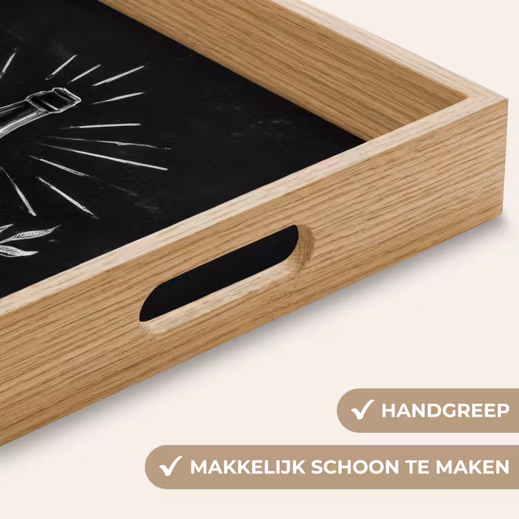 Champagnefles - Lauriertakken - Zwarte achtergrond Dienblad Rechthoek middel -USP_HandgreepNL