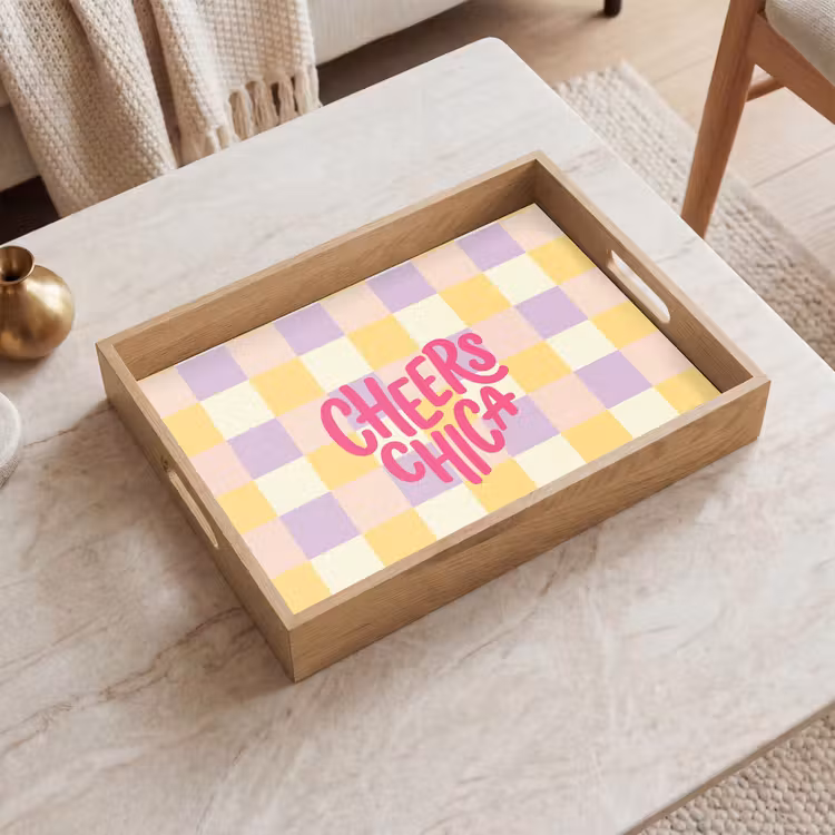 Cheers Chica - Ruitjes - Lila - Geel Dienblad Rechthoek middel -sfeer1