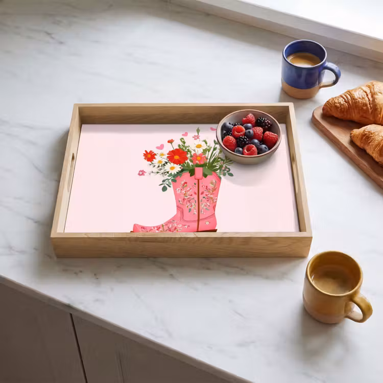 Cowboylaarzen - Roze - Boeket - Bloemen Dienblad Rechthoek middel -sfeer2