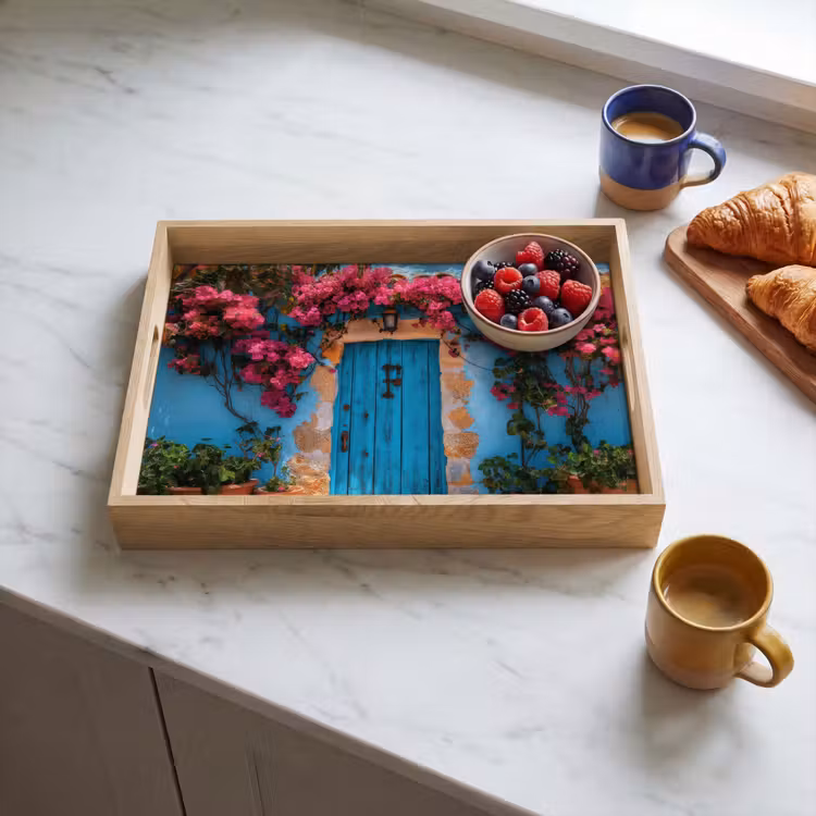 Deur - Hout - Bloemen - Blauw Dienblad Rechthoek middel -sfeer2