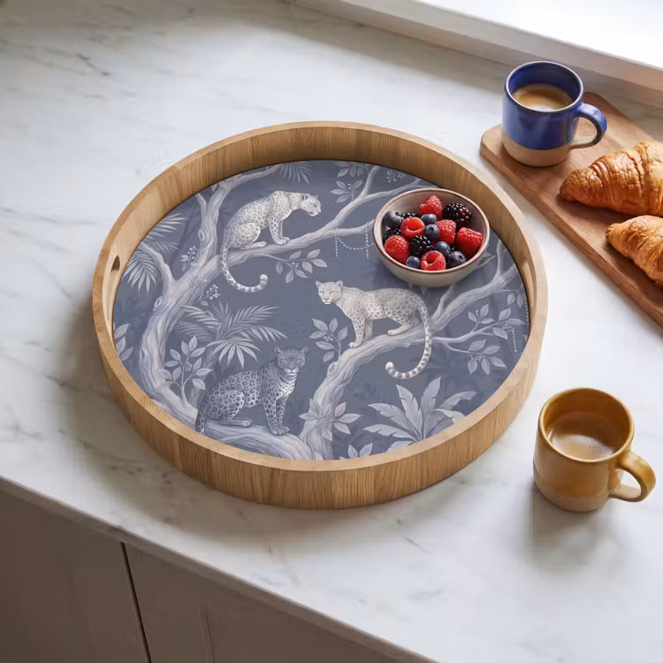 Dieren - Jungle - Illustratie - Bomen - Blauw Dienblad Rond middel -sfeer2