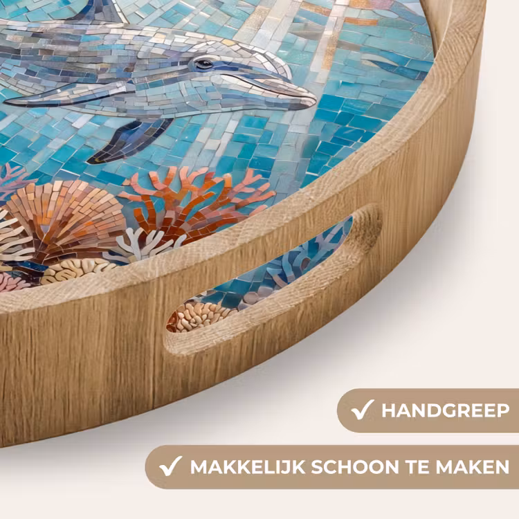 Dieren - Mozaïek - Oceaan - Koraal - Blauw Dienblad Rond middel -USP_HandgreepNL
