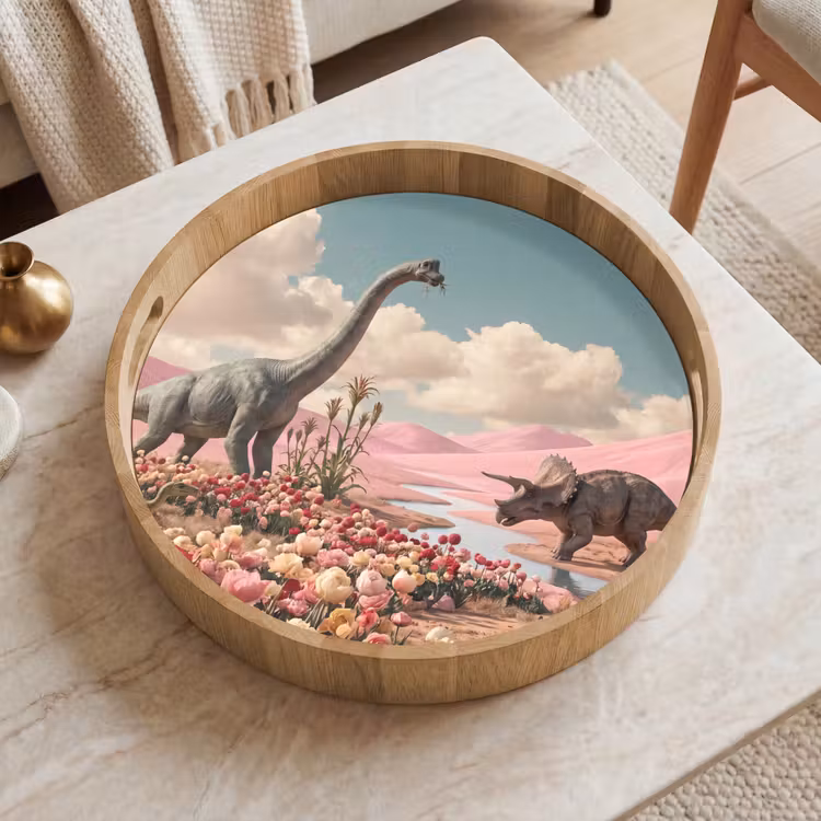 Dienblad - Dinosaurus - Roze - Landschap - Dinosaurus - Roze - Landschap Dienblad Rond middel