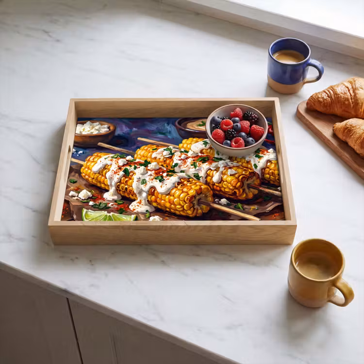 Eten - Maïs - Saus - Geschilderd - Geel Dienblad Rechthoek middel -sfeer2