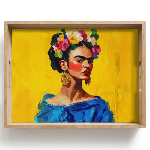 Frida Kahlo - Vrouw - Geel - Blauw - Bloemen Dienblad Rechthoek middel -z3d_shopping