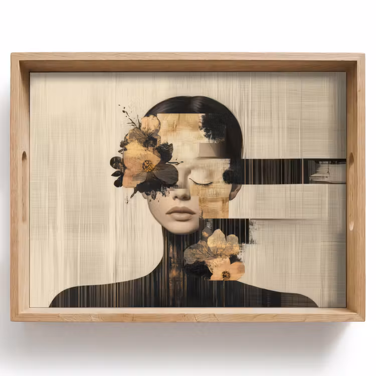 Gezicht - Bloemen - Zwart - Vrouw Dienblad Rechthoek middel -z3d_shopping