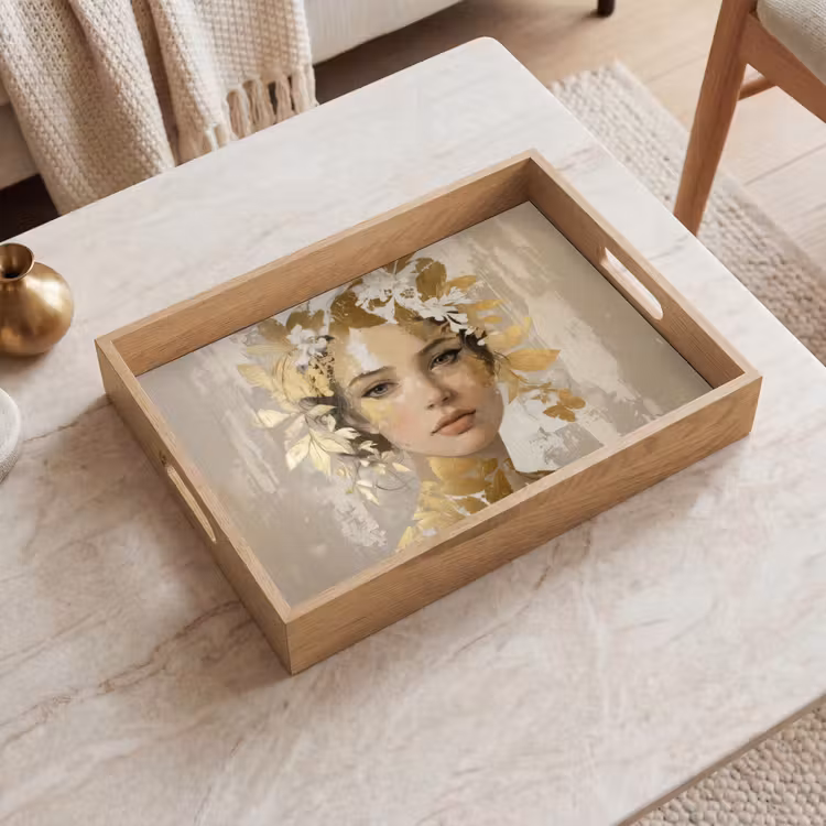 Gezicht - Vrouw - Bladeren - Goud Dienblad Rechthoek middel -sfeer1