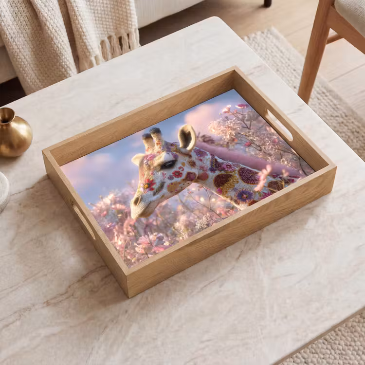 Giraffe - Bloemen - Roze Dienblad Rechthoek middel -sfeer1