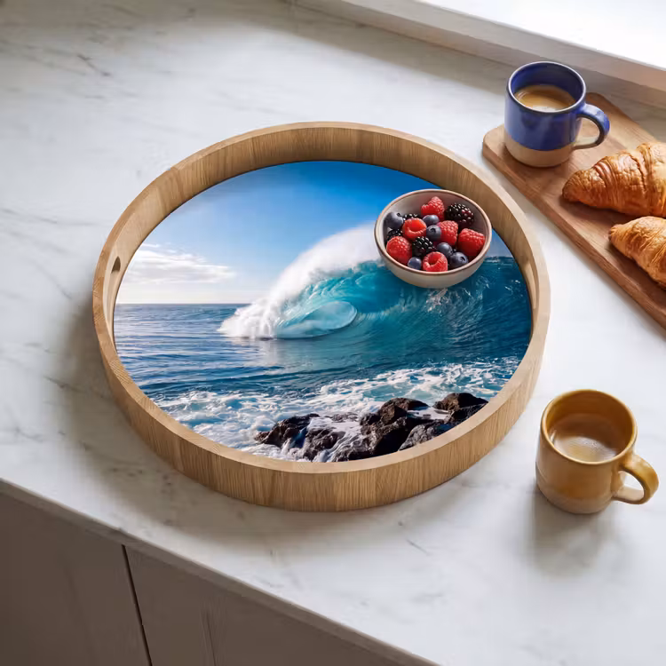 Golf - Oceaan - Brekend - Water - Blauw Dienblad Rond middel -sfeer2