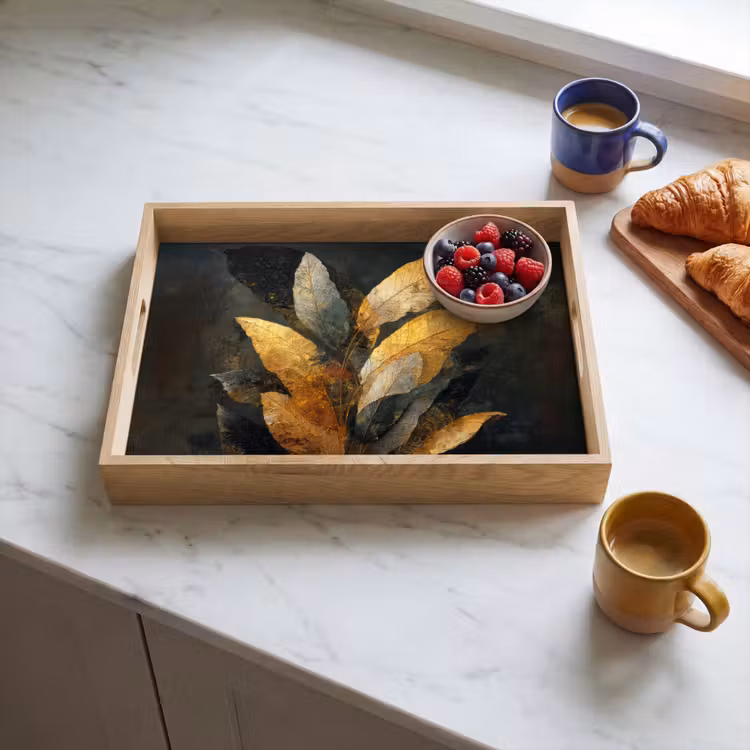 Gouden Bladcompositie – Botanische Luxe Dienblad Rechthoek middel -sfeer2