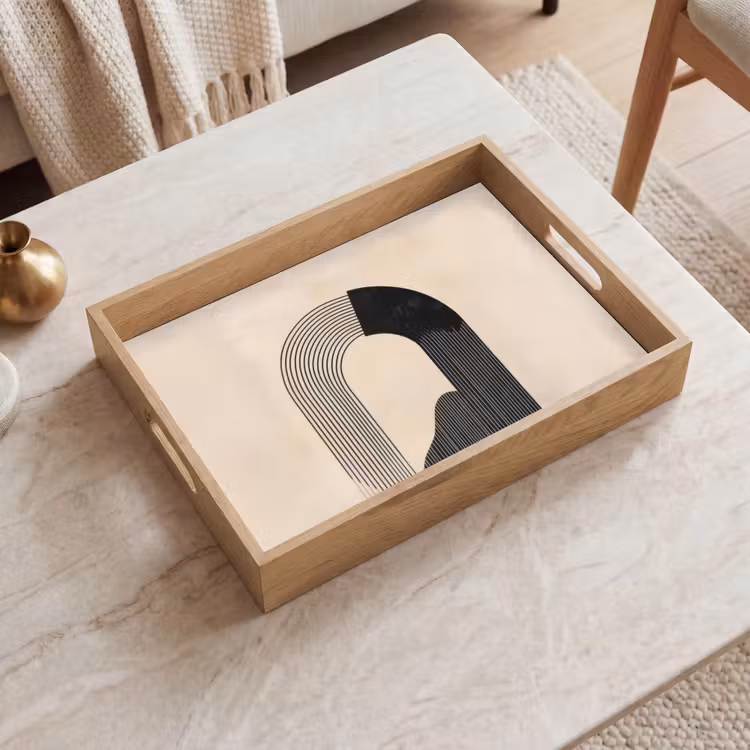 Grafisch gebogen motief - Beige Dienblad Rechthoek middel -sfeer1