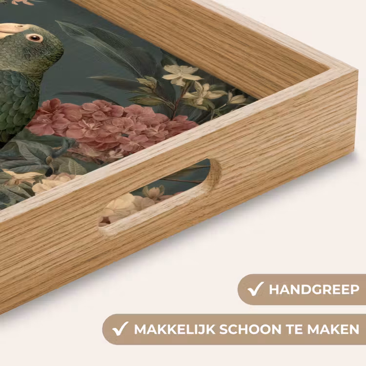 Groene papegaai - Kleurrijke bloemen - Donkere achtergrond Dienblad Rechthoek middel -USP_HandgreepNL