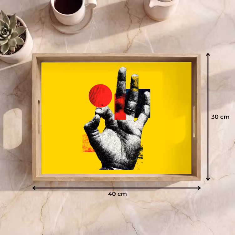 Hand - Rode cirkel - Geel Dienblad Rechthoek middel -USP_Formaat