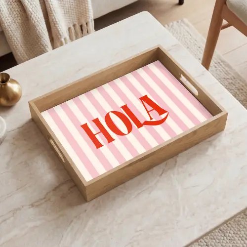 Hola - Quote - Strepen - Pastel - Roze - Rood - Wit Dienblad Rechthoek middel -sfeer1