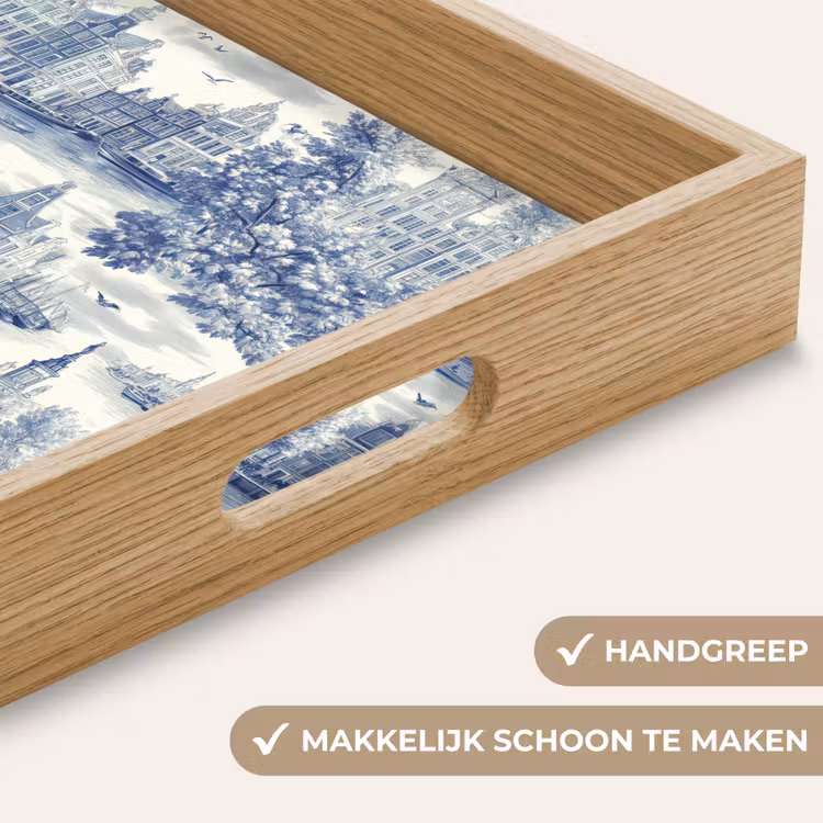 Huizen - Bomen - Water - Vogels - Blauw Dienblad Rechthoek middel 911 -USP_HandgreepNL