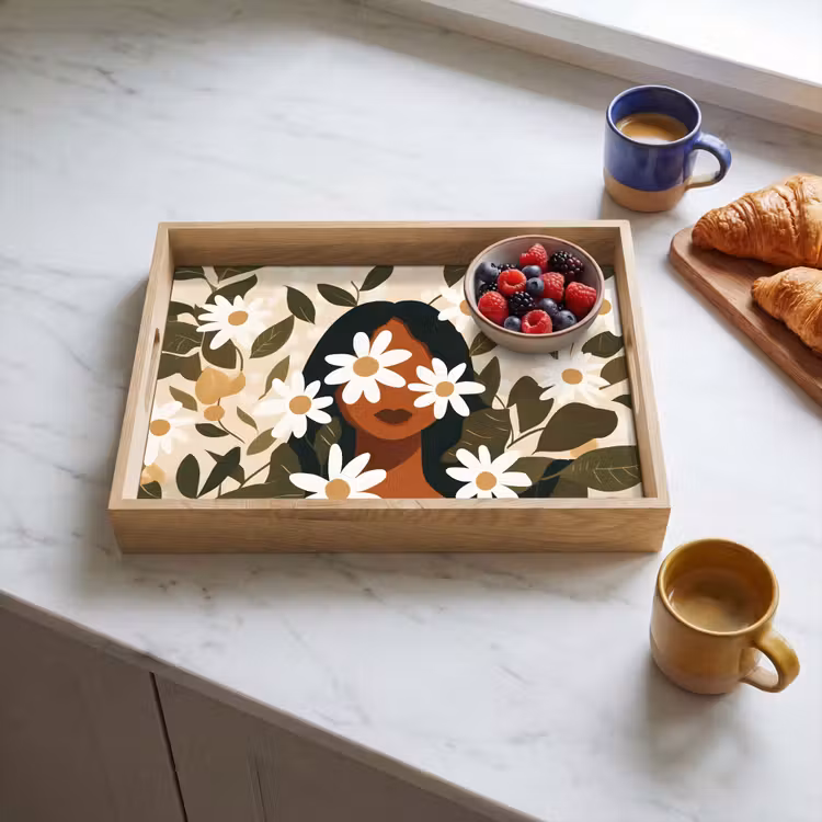 Illustratie - Vrouw - Madeliefjes - Wit Dienblad Rechthoek middel -sfeer2