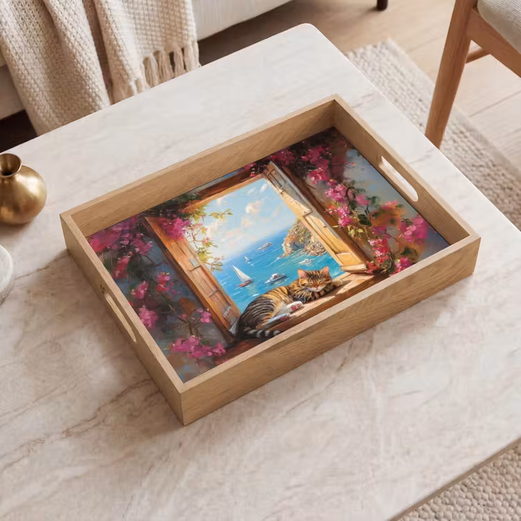 Kat - Blauwe zee - Roze bloemen Dienblad Rechthoek middel -sfeer1