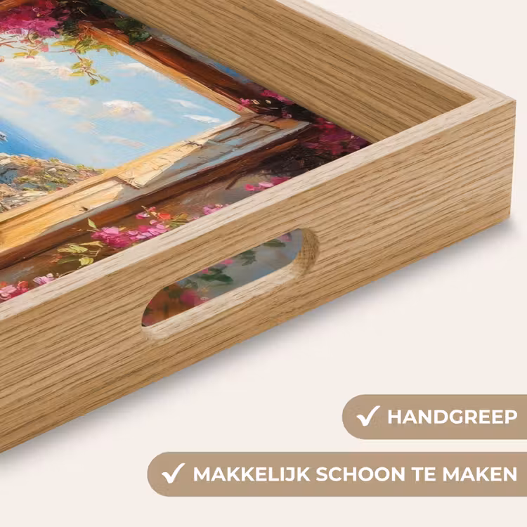 Kat - Blauwe zee - Roze bloemen Dienblad Rechthoek middel -USP_HandgreepNL