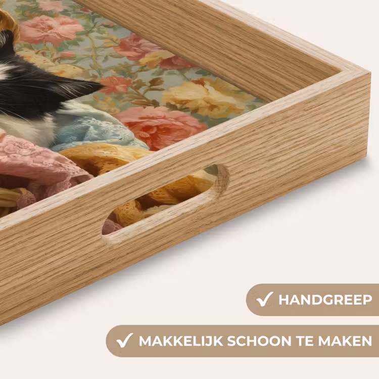 Kat - Bloemenprint - Rieten mand Dienblad Rechthoek middel -USP_HandgreepNL