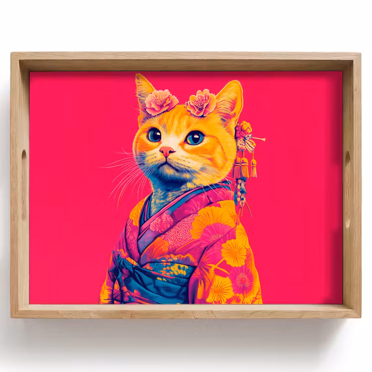 Kat - Kimono - Bloemen - Roze Dienblad Rechthoek middel -z3d_shopping