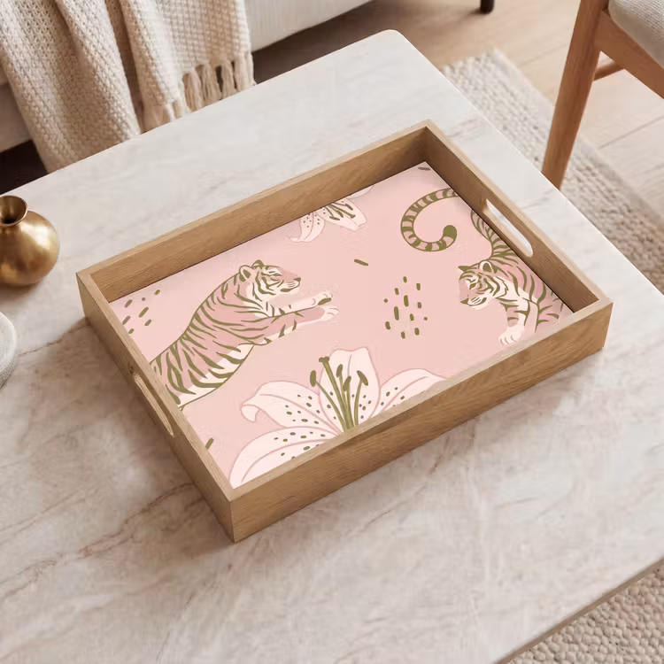 Kat - Springend - Bloemen - Abstract - Roze Dienblad Rechthoek middel -sfeer1