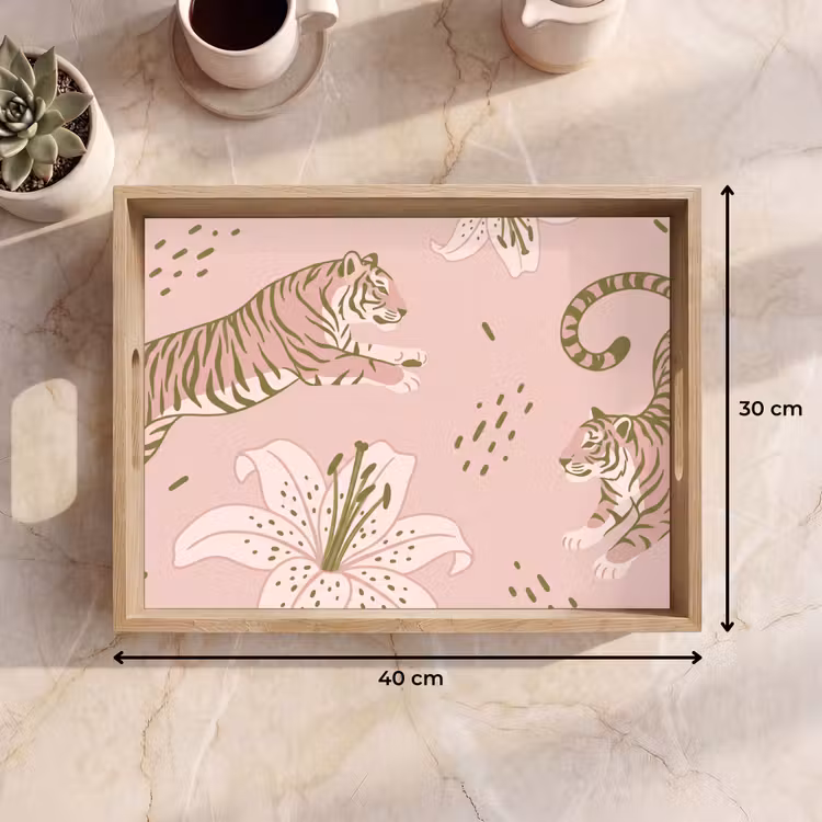 Kat - Springend - Bloemen - Abstract - Roze Dienblad Rechthoek middel -USP_Formaat