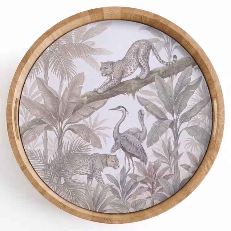 Kat - Vogel - Jungle - Illustratie - Dieren Dienblad Rond middel -z3d_shopping