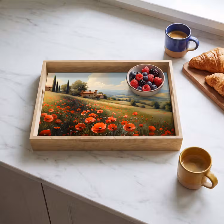 Klaprozen - Rood - Heuvels - Landschap Dienblad Rechthoek middel -sfeer2