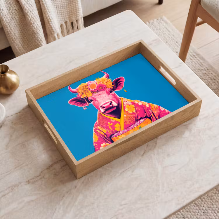 Koe - Bloemenkrans - Oorhangers - Kimono Dienblad Rechthoek middel -sfeer1
