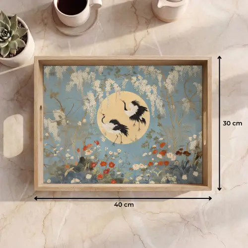 Kraanvogels - Maan - Bloemen - Blauw Dienblad Rechthoek middel -USP_Formaat