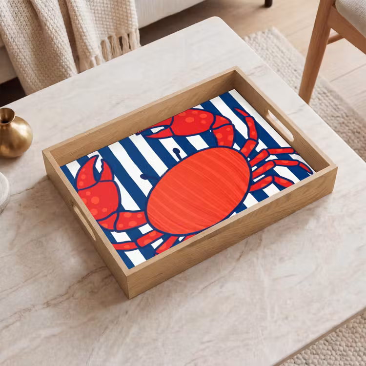 Krab - Strepen - Zeeleven - Illustratie - Rood Dienblad Rechthoek middel -sfeer1