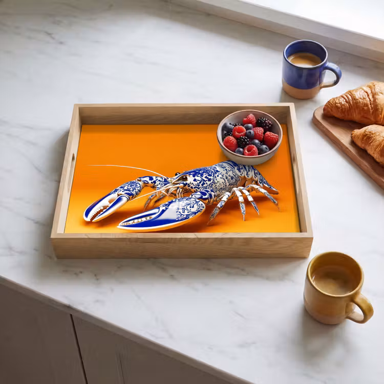 Kreeft - Delftsblauw - Schild - Stoer - Oranje Dienblad Rechthoek middel -sfeer2