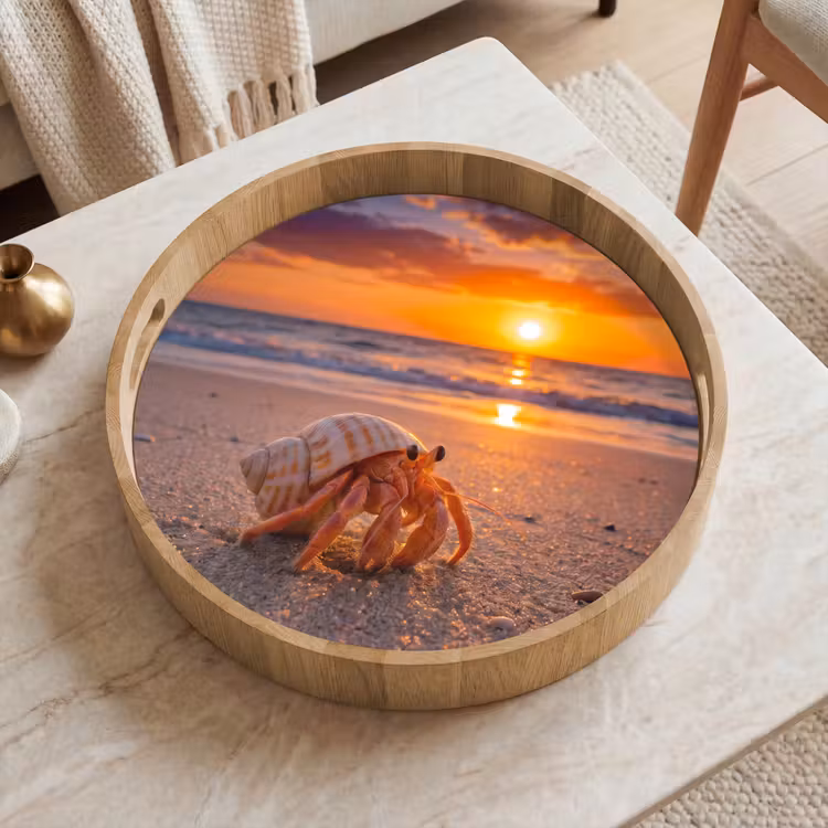 Kreeft - Strand - Natuur - Zonsondergang - Oranje Dienblad Rond middel -sfeer1