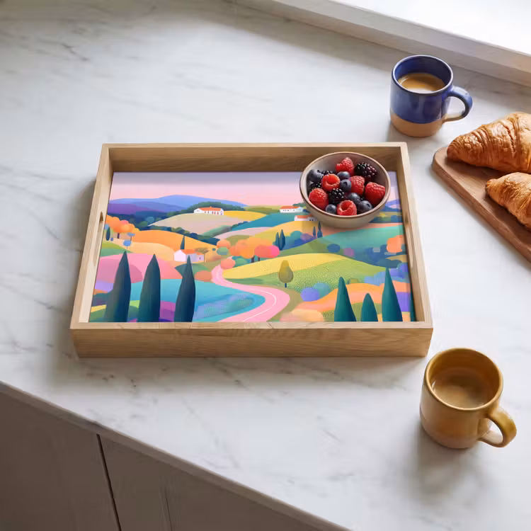 Landschap - Paars - Pastel - Huizen Dienblad Rechthoek middel -sfeer2