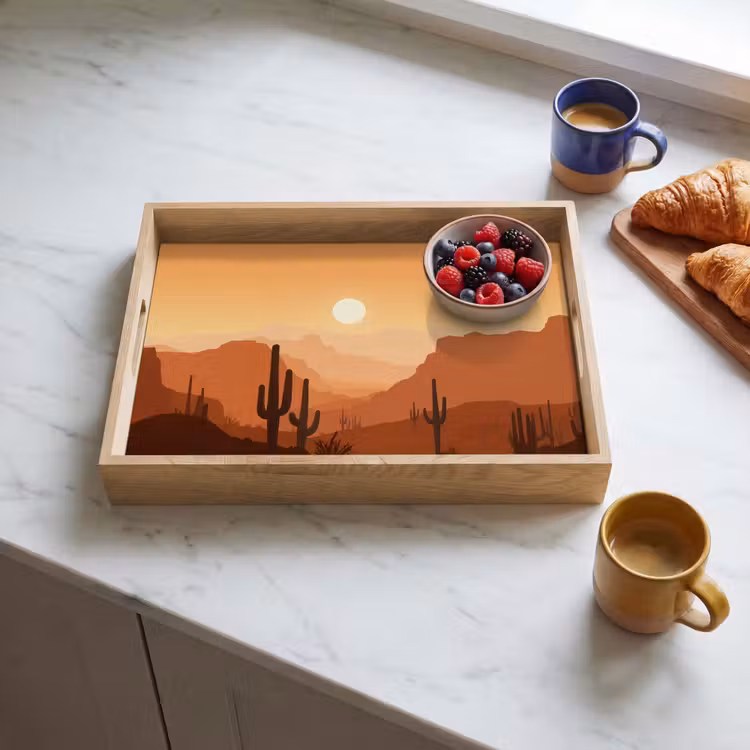 Landschap - Woestijn - Cactussen - Zon Dienblad Rechthoek middel -sfeer2