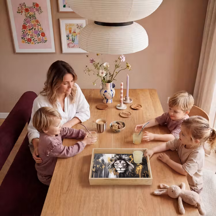 Leeuw - Portret - Verfspatten - Grijs Dienblad Rechthoek middel -sfeer4